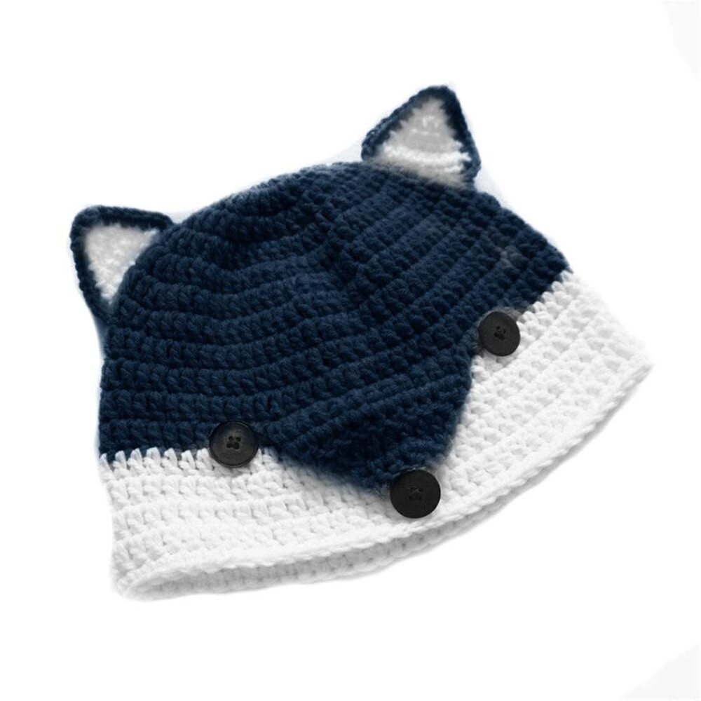 1713 Handmade Knit Funny Fox Ear Hat Winter Halloween Custome Beanie Navy